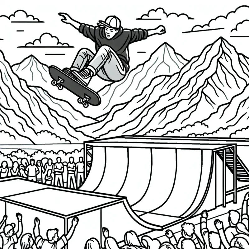 Un skateur exécutant un saut impressionnant au-dessus d'une rampe, avec des montagnes majestueuses en arrière-plan et des spectateurs ébahis autour.