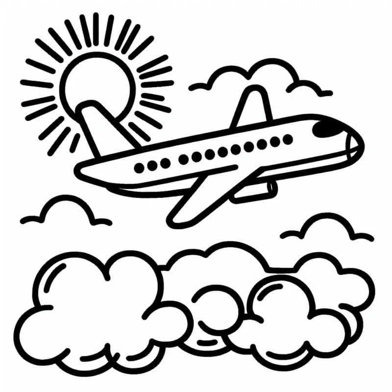 Dessine un avion de ligne survolant les nuages ​​avec le soleil en arrière-plan.