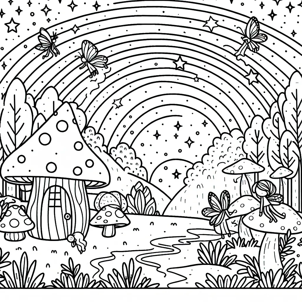 Dessiner une scène enchantée de fées avec une petite maison de champignon dans la lisière d'une forêt d'arcs-en-ciel sous un ciel étoilé.