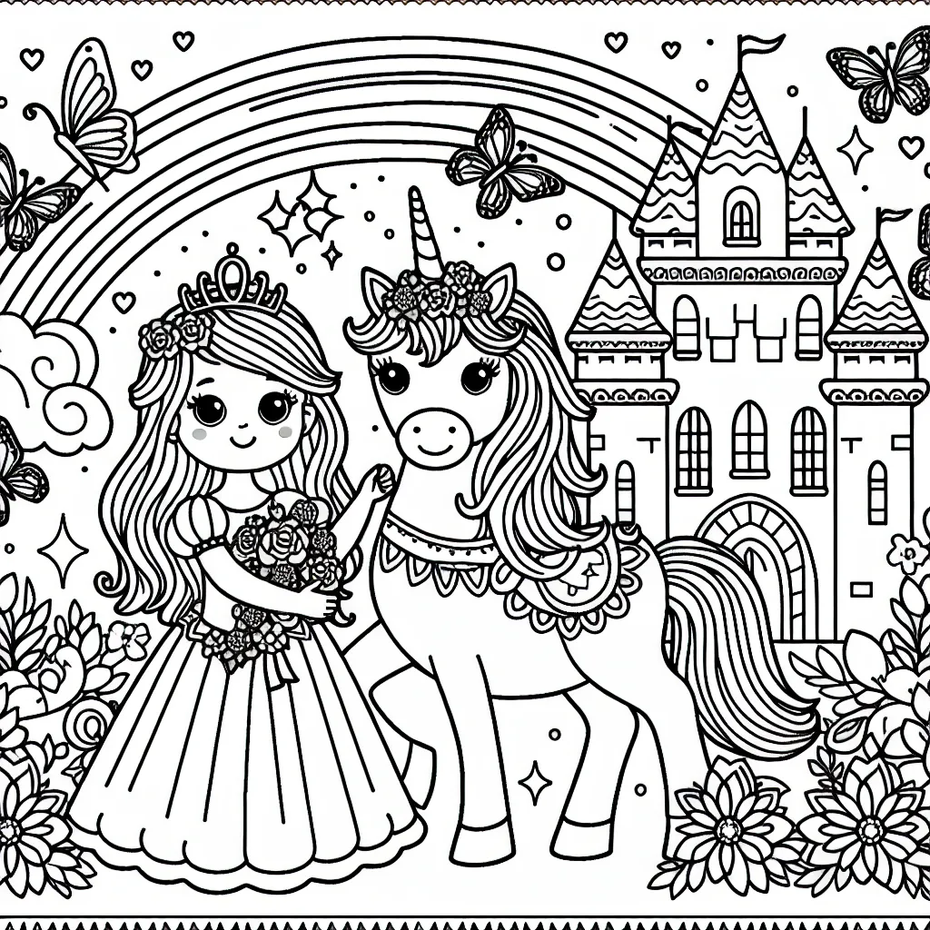 Dans ce coloriage, tu trouveras une petite princesse avec sa licorne magique dans un château entouré de papillons et d'arc-en-ciel. Amuse-toi à rendre cette image haute en couleur!