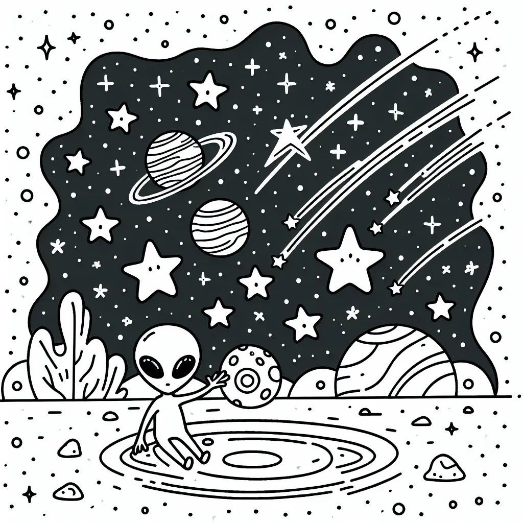 Sur une petite planète lointaine, un extraterrestre joue avec ses amis les étoiles filantes. Dessine cette scène étonnante en ajoutant chaque détail qui rend cette amitié intergalactique unique.