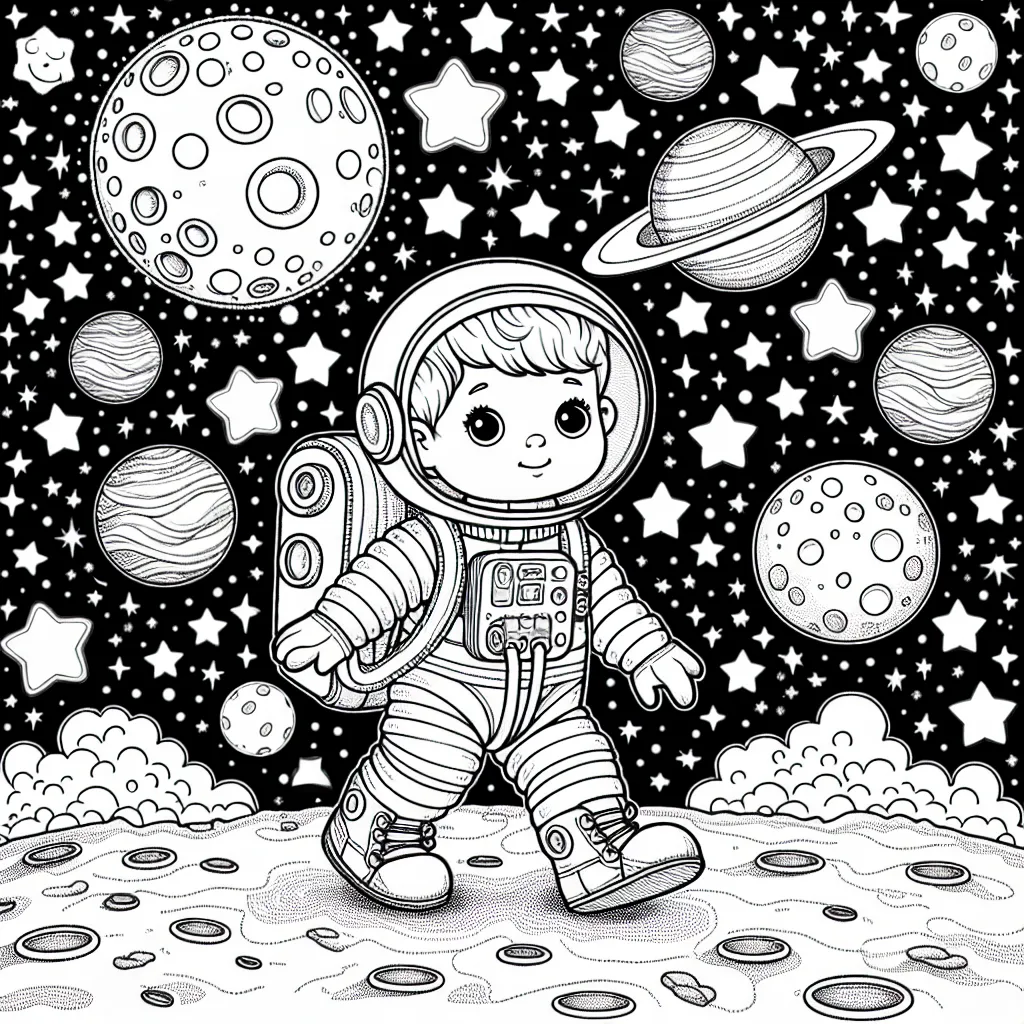 Un astronaut petit garçon qui marche sur la lune en arrière-plan avec des étoiles scintillantes et des planètes colorées.