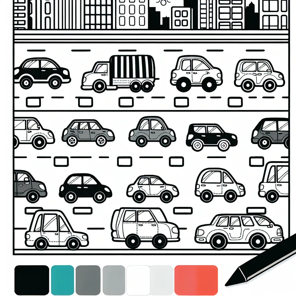 Un défilé animé de différentes sortes de voitures a lieu en ville. Colorie chaque voiture avec sa propre nuance unique pour leur donner vie.