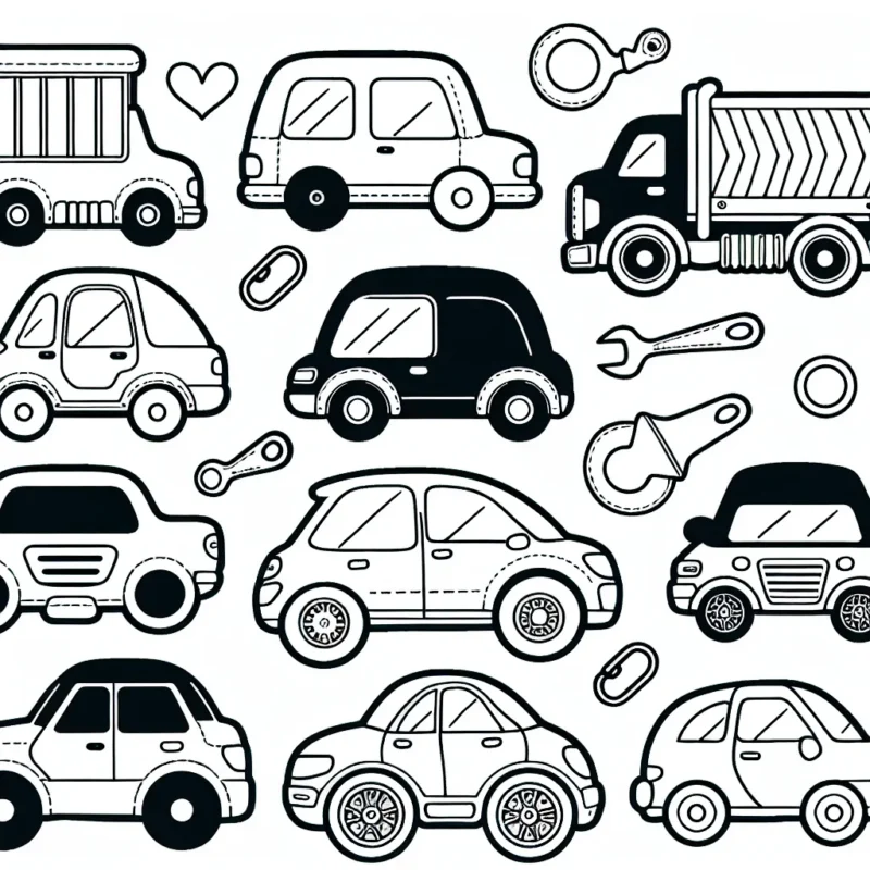 Créer un coloriage détaillé montrant différentes marques de voitures