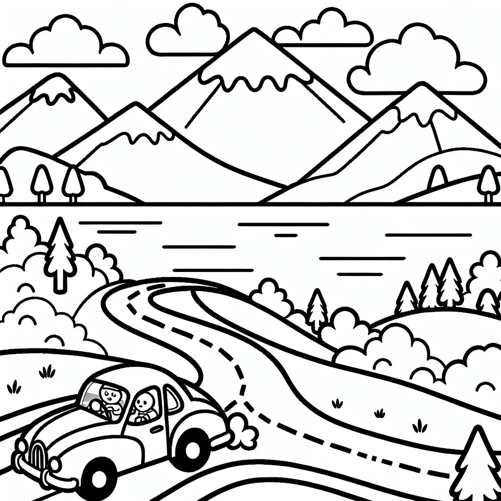 Dessine une course de voitures animées sur une route sinueuse, entourée de montagnes, de lacs et de forêts