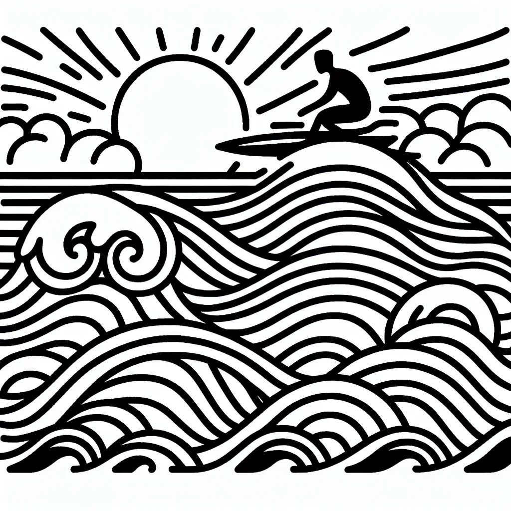 Dessine et colorie un surfeur chevauchant une grande vague avec le soleil couchant en arrière-plan.