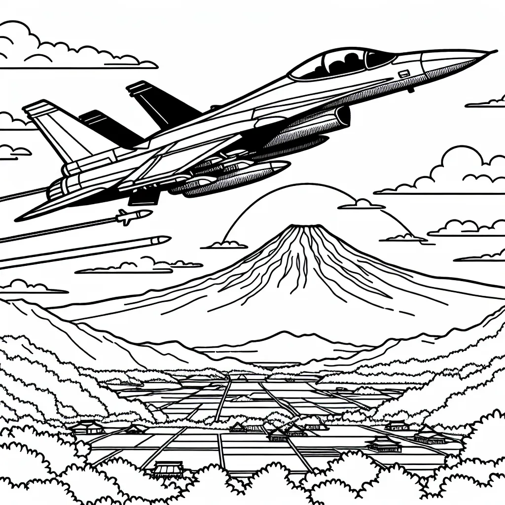 Dessine un avion de chasse survolant le Mont Fuji au Japon pendant le lever du soleil