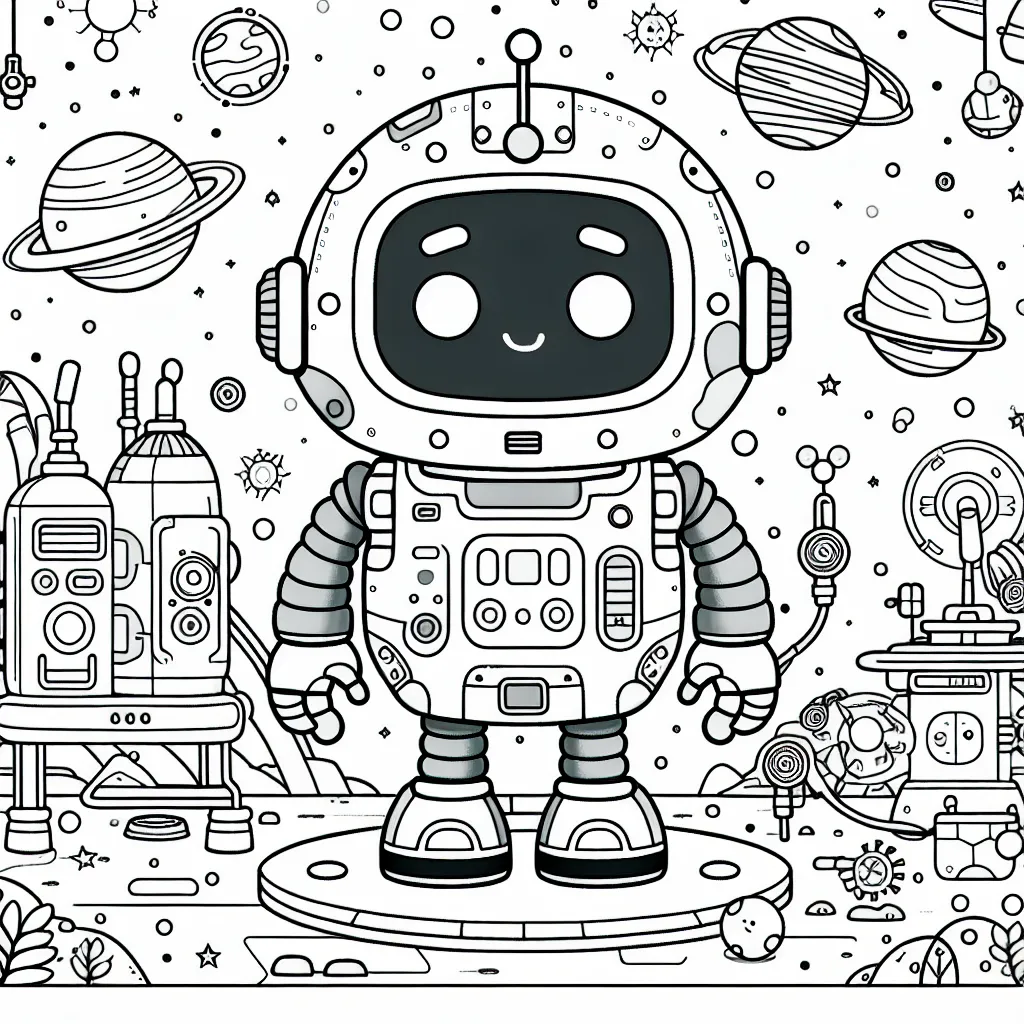 Dessine un superbe robot sympathique doté de divers outils et gadgets en plein milieu d'un univers futuriste et granuleux.