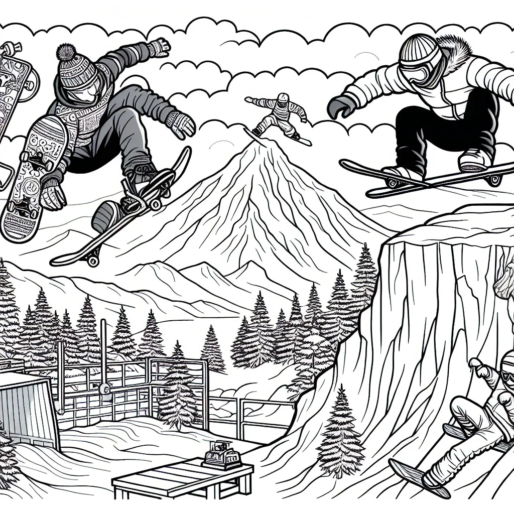 Dessine une scène palpitante avec un skateur exécutant une figure dangereuse sur une rampe, un snowboardeur sautant par-dessus un énorme monticule de neige, et un plongeur base jumping en plein saut depuis une falaise.