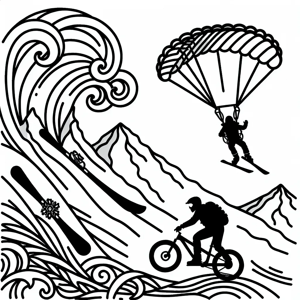 Dans cette image vierge, choisissez vos couleurs préférées pour vivifier le scène d'un skieur s’immisçant dans une piste abrupte alors qu'un parachutiste plane au-dessus de lui. Un vélo de montagne est positionné à côté d'un planche de surf prestement tracée sur une vague.