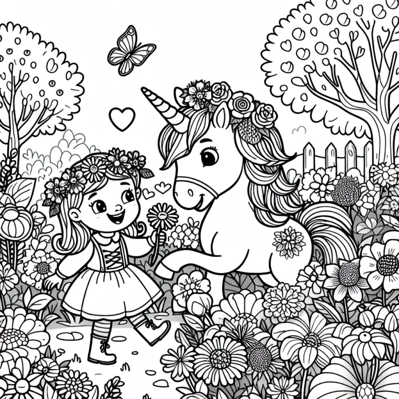 Un magnifique jardin de fleurs avec une licorne et une petite fille qui joue avec.