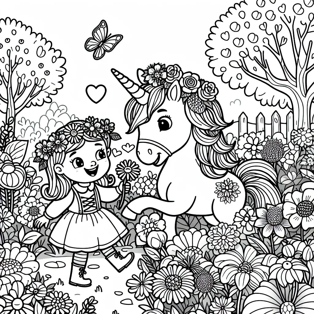 Un magnifique jardin de fleurs avec une licorne et une petite fille qui joue avec.