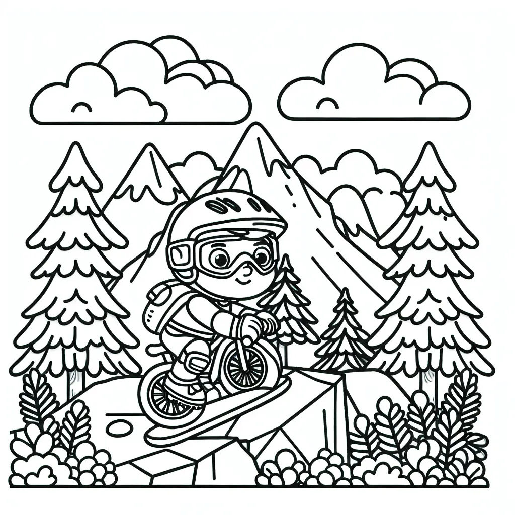 Dans ce coloriage, un sportif de l'extrême équipé d'un casque et de sa planche s'apprête à descendre une montagne rocailleuse en VTT. Des sapins, des nuages et un ciel montagneux composent le fond de l'image.