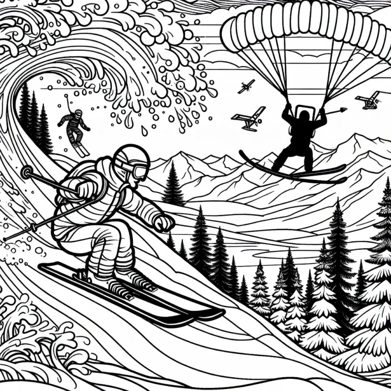 Dessine une scène impressionnante de sports extrêmes où un skieur descends une pente de montagne enneigée avec des arbres sur les côtés, un surfeur ride une grosse vague en arrière-plan et un parachutiste descend du ciel.