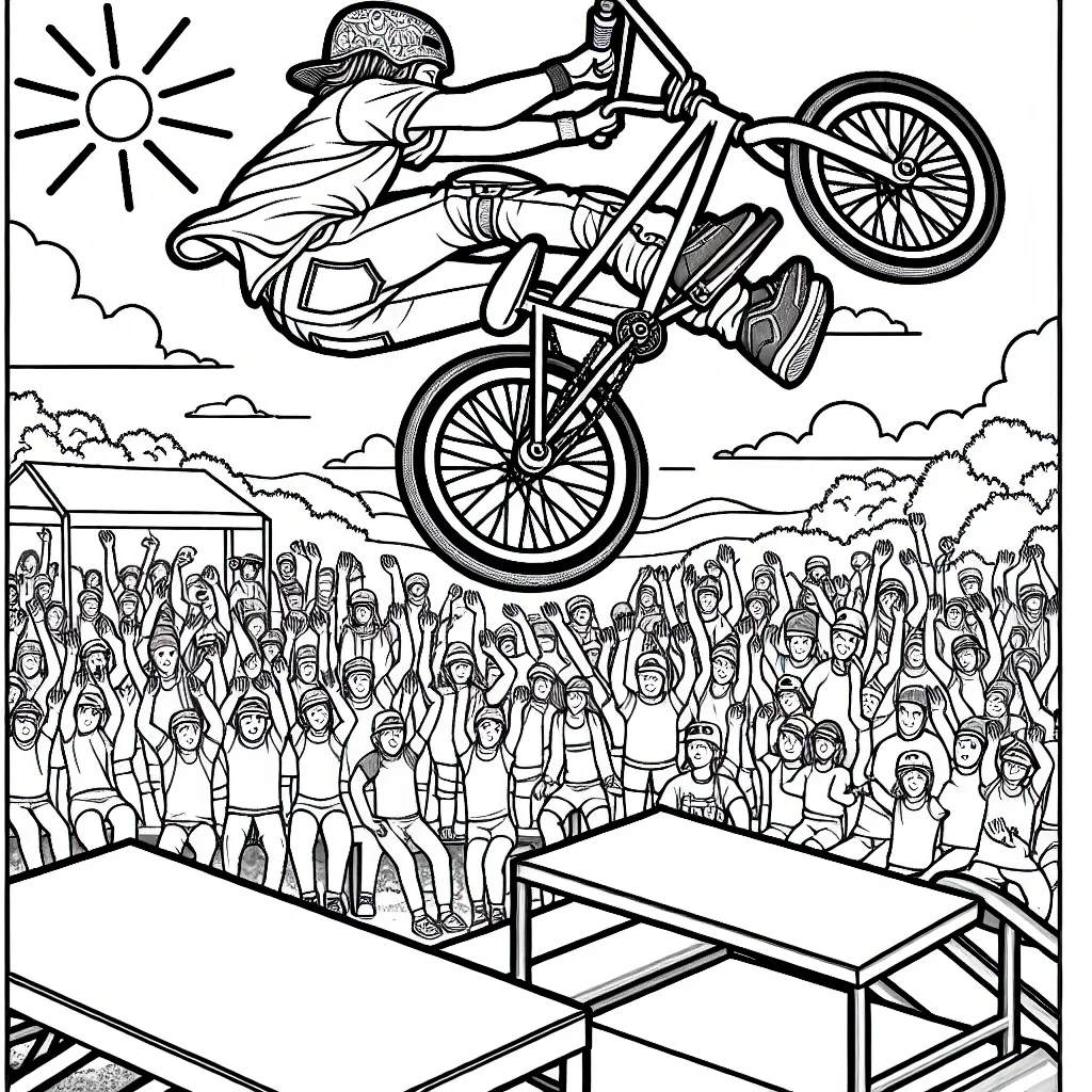 Dessine un jeune athlète de sports extrêmes en pleine action, faisant un saut périlleux en vélo BMX sur une rampe, sous un ciel ensoleillé avec des spectateurs admiratifs en arrière-plan.