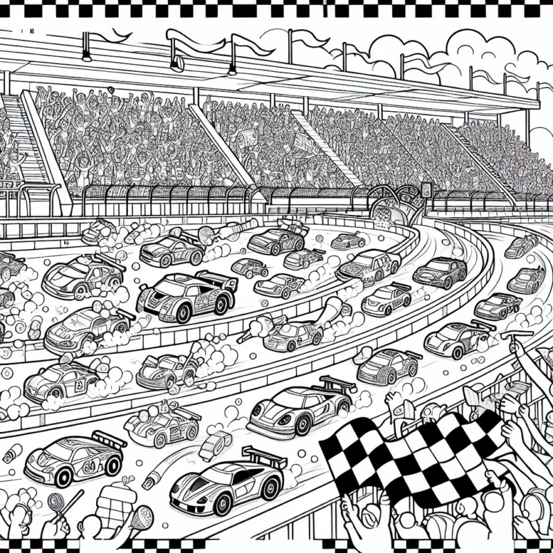 Un circuit automobile peuplé de voitures de course colorées, animées et amusantes. Certaines voitures montrent leur vitesse en laissant des traces de poussière colorée derrière elles, tandis que d'autres sont occupées aux stands de ravitaillement. En arrière-plan, les gradins regorgent de spectateurs enthousiastes, agitant des drapeaux.