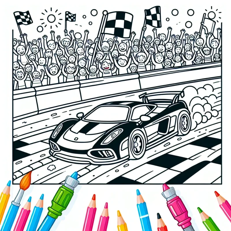 Dessine une course animée de voitures de sport sur un circuit animé avec un public enthousiaste.