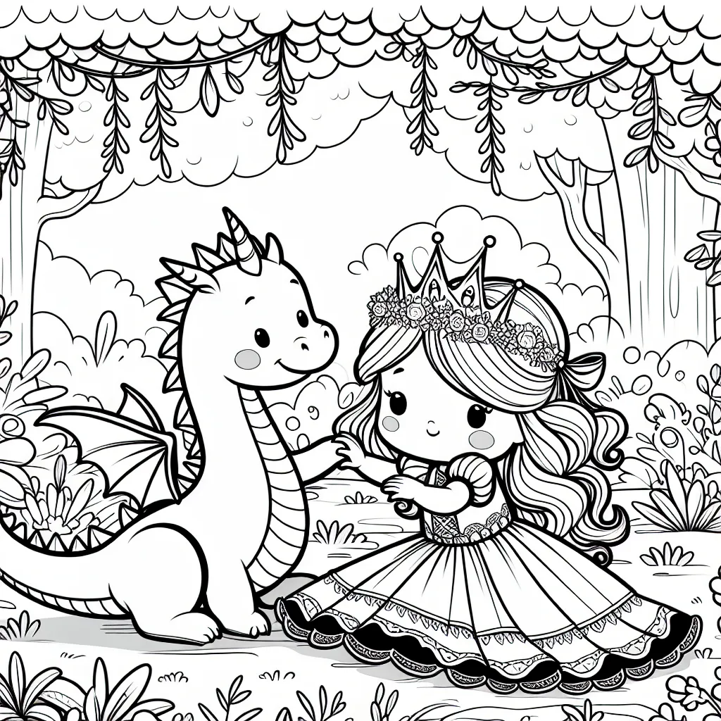 Une petite princesse jouant avec son fidèle dragon dans un jardin féerique.