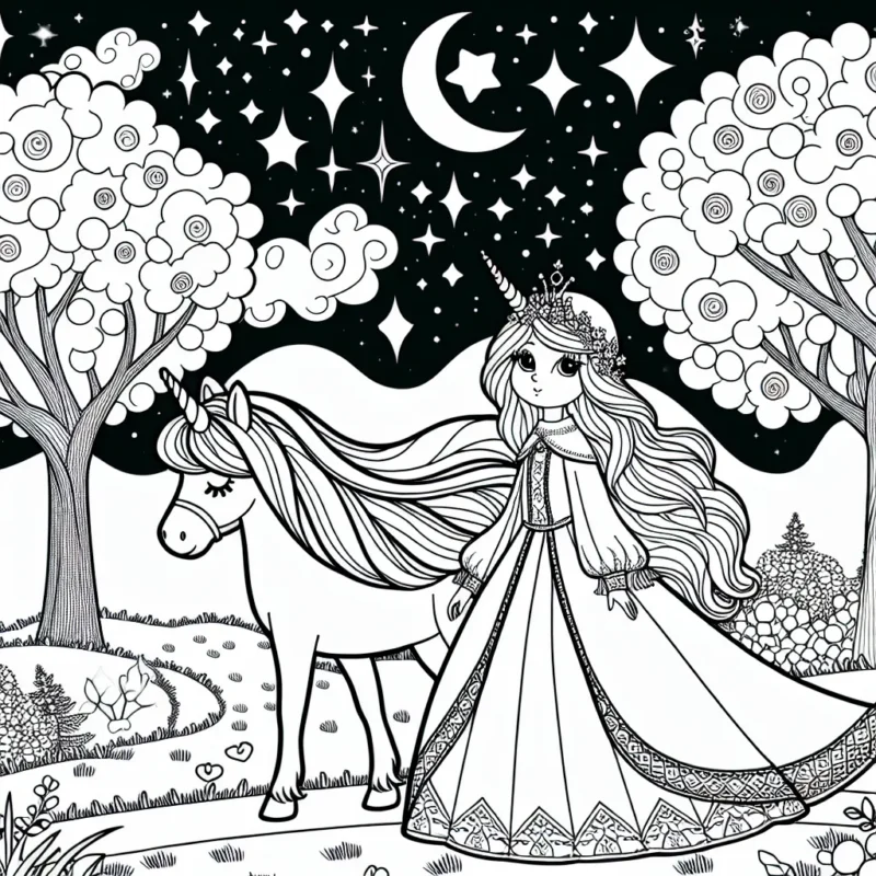 Imagine un paysage fantastique où une princesse aux longs cheveux dorés se promène avec son fidèle licorne, dans une forêt enchantée aux arbres pleins de friandises. Le ciel est parsemé d'étoiles brillantes et la lune est douce et souriante. La princesse porte une robe flamboyante et le licorne resplendit dans sa crinière arc-en-ciel.