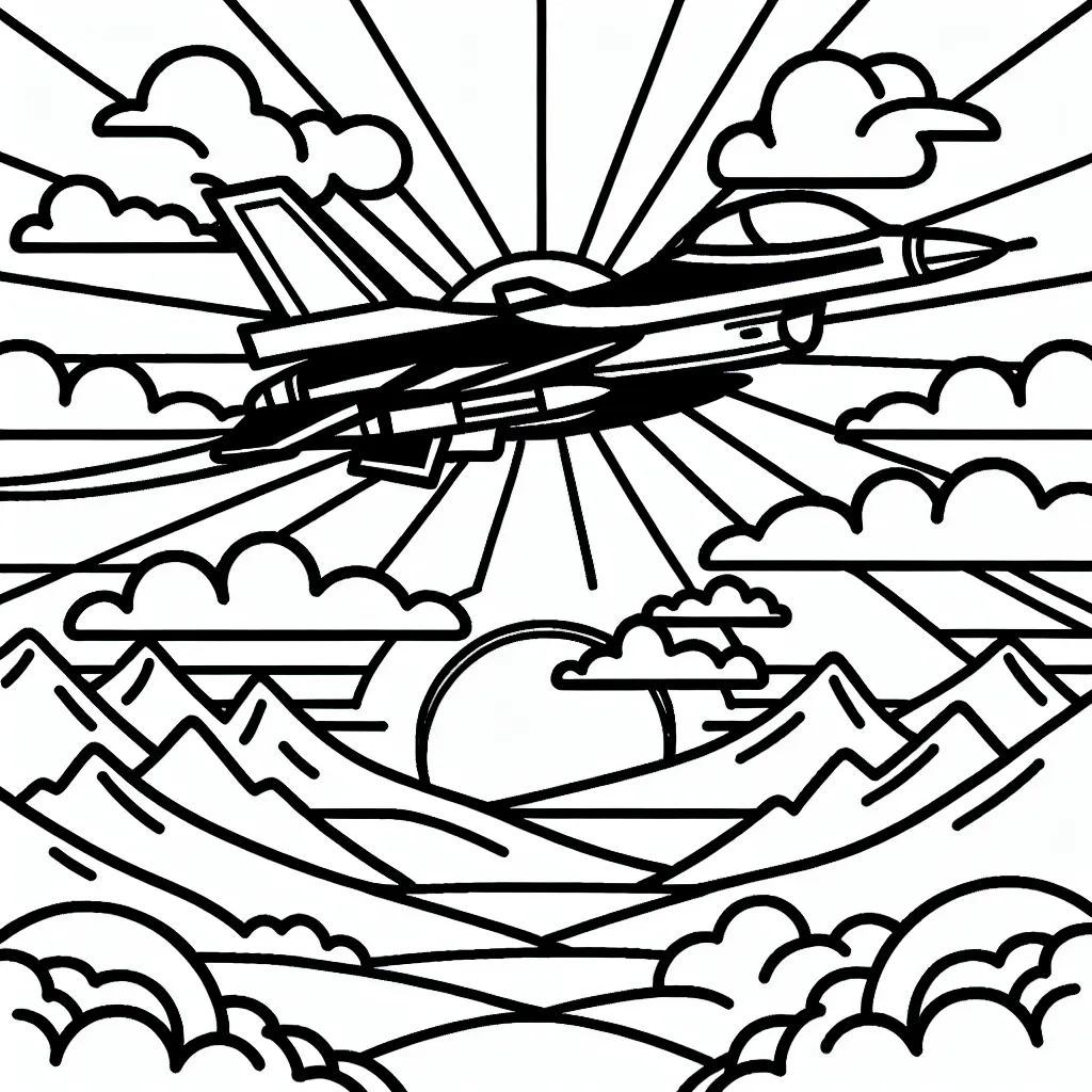 Dessine et colore un avion de chasse F-16 survolant les montagnes au couché du soleil avec un pilote saluant de la cabine.