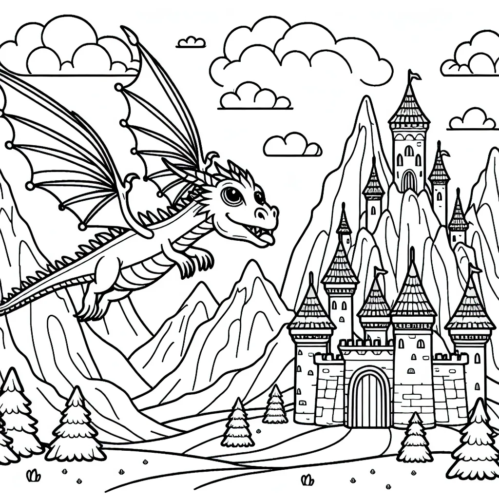 Imagine un dragon qui prend son envol d'une forteresse mystique entourée de montagnes imposantes.