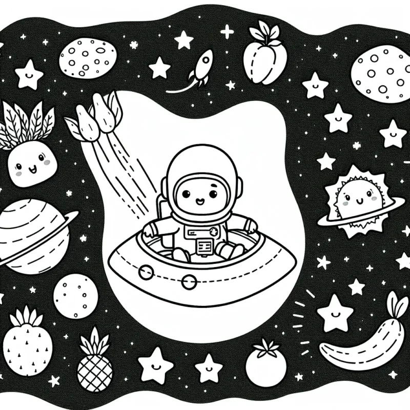 Un astronaute attrape les étoiles en forme de fruits tout en naviguant sur un vaisseau spatial arrondi. Le voyant traverser un champ d'astéroïdes et d'étoiles filantes en forme de légumes. Il y a aussi des planètes au loin qui ressemble à divers fruits.