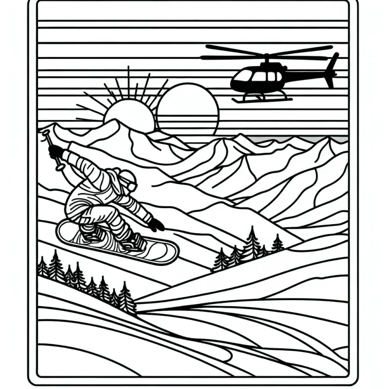 Dessine et colorie un sportif extrême qui fait du snowboard sur une montagne enneigée, avec un hélicoptère qui le suit de près, tandis que le soleil se couche à l'horizon.