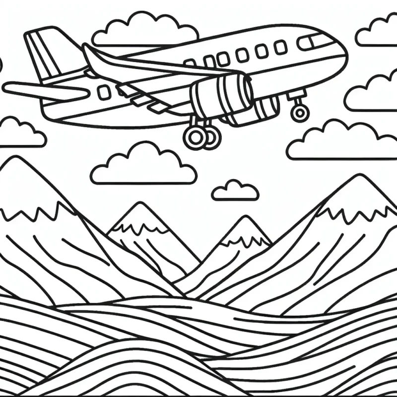 Un grand avion survolant les montagnes pour les enfants à colorier