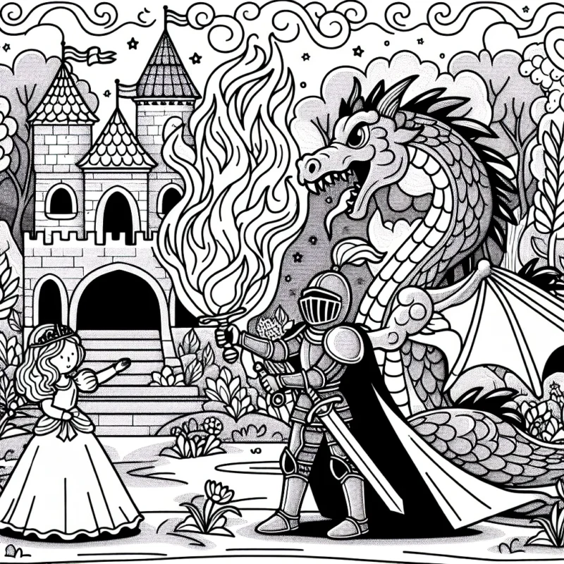 Dessine un chevalier protégeant une princesse d'un dragon cracheur de feu dans un royaume enchanté.