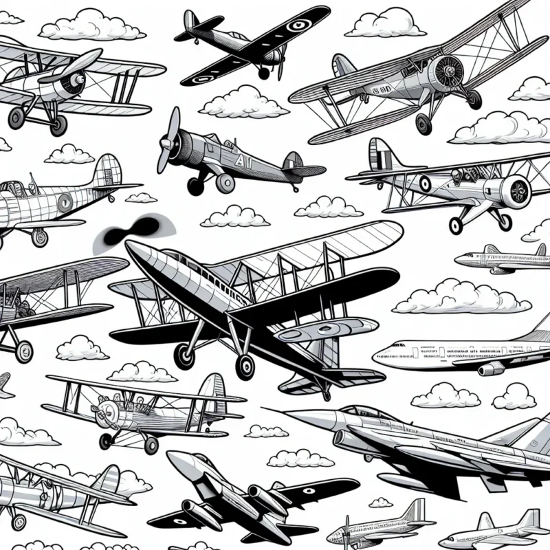 Un grand choix d'avions modernes et historiques sillonnent le ciel azur. Du biplan de la Première Guerre mondiale au jet supersonique d'aujourd'hui, une grande variété de formes et de styles offrent un défi de coloriage stimulant.