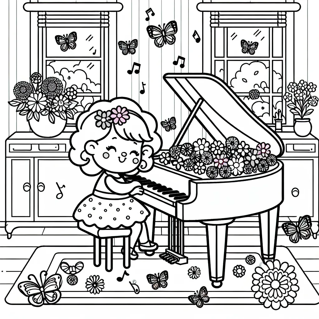 Dessine une petite fille qui joue un morceau de musique sur son piano à queue dans une pièce remplie de fleurs multicolores et de papillons danseurs.