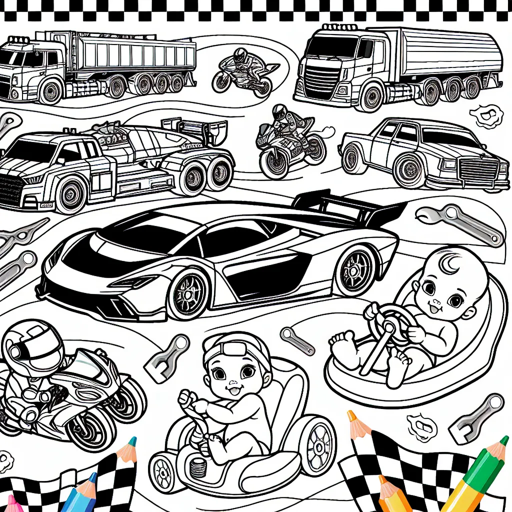 Dessine une course passionnante impliquant une variété de véhicules automobiles