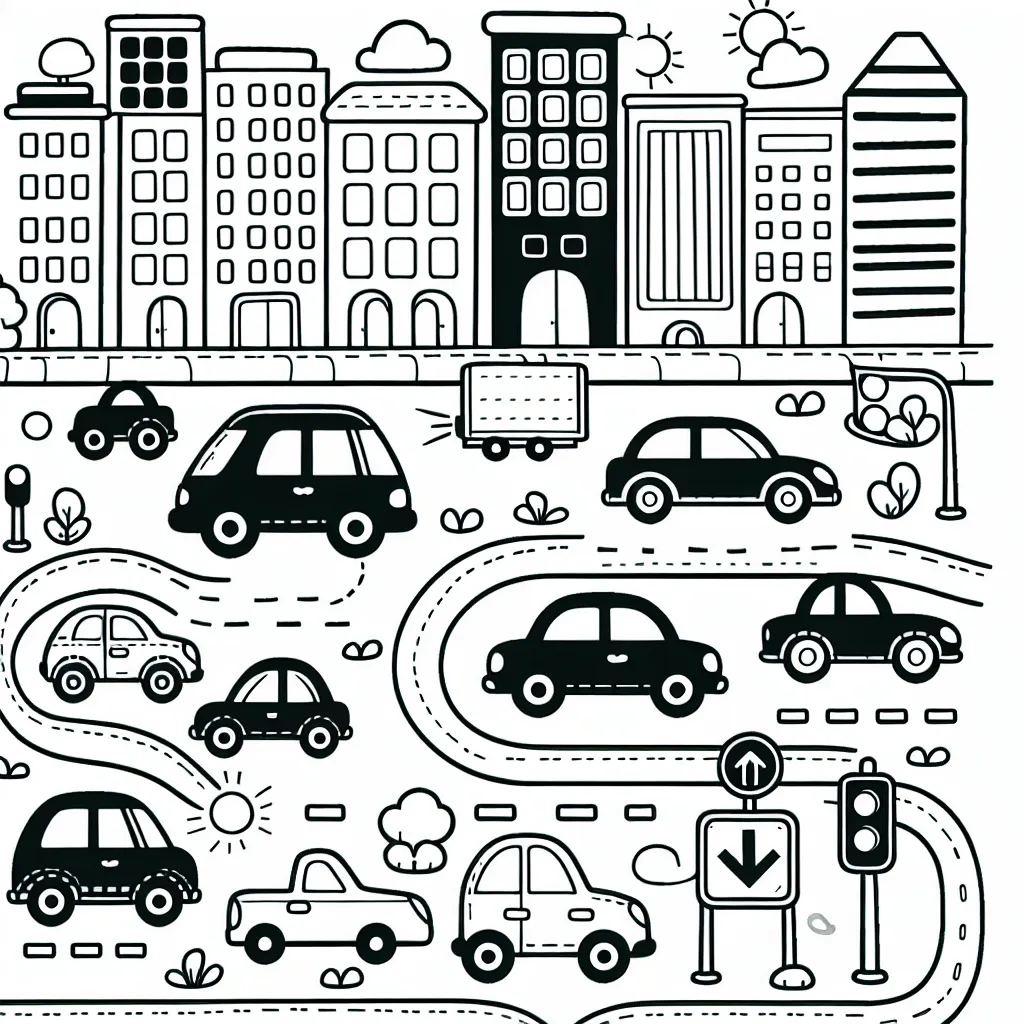 Dessine une ville animée avec des voitures de différentes formes et tailles. N'oublie pas d'ajouter des détails comme des feux de circulation, des panneaux routiers et des passants. Utilise des couleurs vives pour rendre la scène plus vivante.