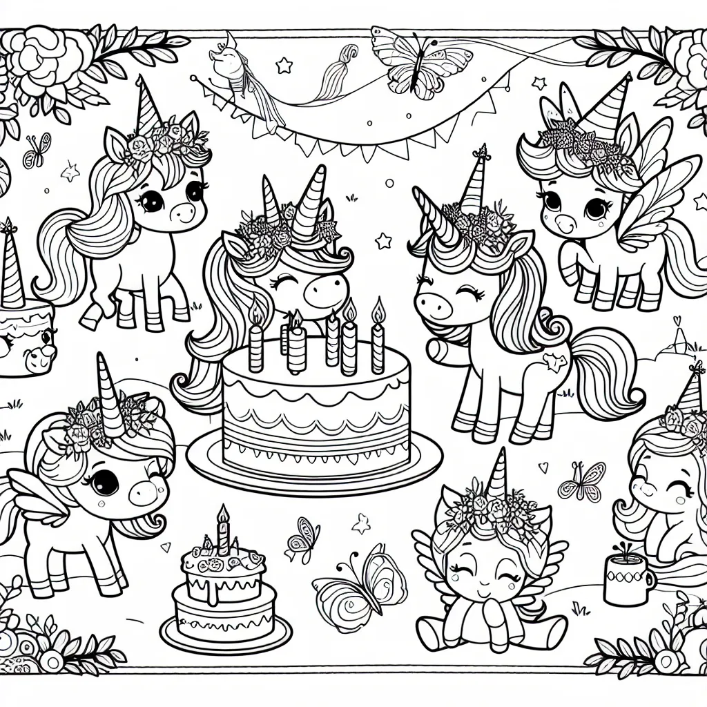 C'est l'anniversaire de la petite licorne magique au royaume des fées. Tous les habitants du royaume sont venus pour célébrer. Peux-tu ajouté des couleurs à la fête ? Ne manque pas d'imagination et d'amour en ajoutant ta touche personnelle !