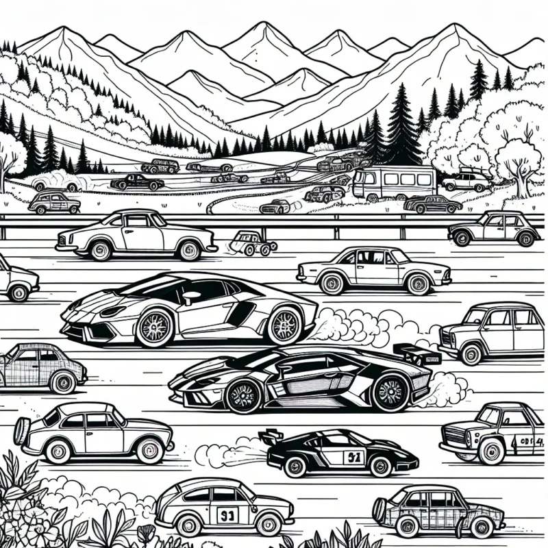 Dessine une scène de course effrénée avec une variété de voitures colorées sur un circuit effervescent. Assure-toi d'inclure différents types de voitures comme une voiture de sport, une vieille voiture vintage, un 4x4 et même une voiture de police en mouvement. N'oublie pas l'environnement autour! Ajoute des arbres, des montagnes dans le fond et quelques spectateurs enthousiastes.