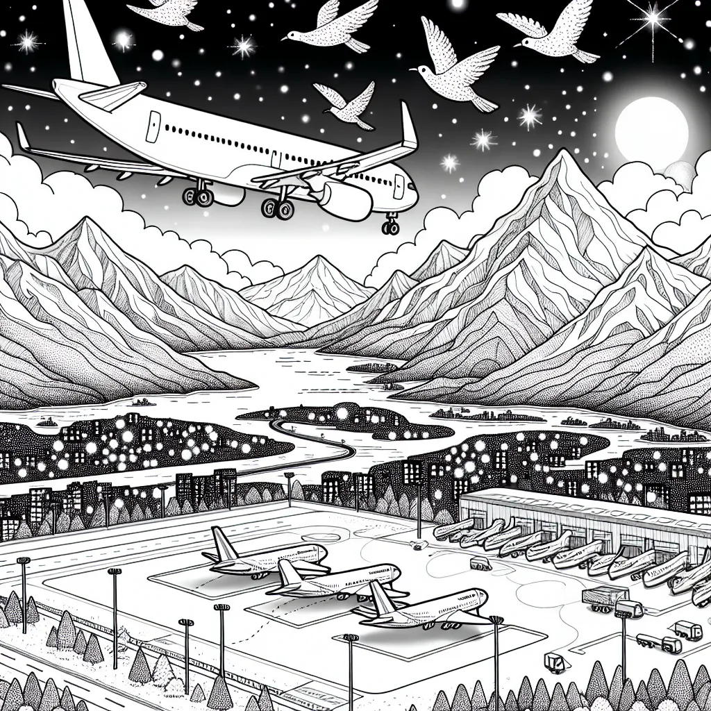 Dans ce scénario de dessin, nous avons un paysage aérien emballé d'aventure. Au centre se trouve un avion de ligne volant majestueusement entre deux spectaculaires montagnes enneigées. Une bande de jolis oiseaux migrateurs volent à côté de l'avion, semblant l'accompagner dans son voyage. Au loin, le soleil se couche, tachetant le ciel de teintes crépusculaires mélangeant l'orange, le rose et le violet. Sur le sol, on peut apercevoir un aéroport avec des avions garés prêts à décoller, entouré par une ville animée. Des points de lumière sont visibles, représentant la vie urbaine en effervescence sous les étoiles naissantes.