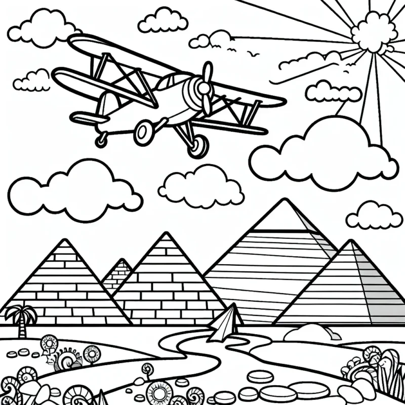 Créez un paysage coloré avec un avion à hélices survolant les pyramides d'Egypte. N'oubliez pas de colorier le ciel bleu avec des nuages blancs. Que pensez-vous de choisir des couleurs vives pour les pyramides ?