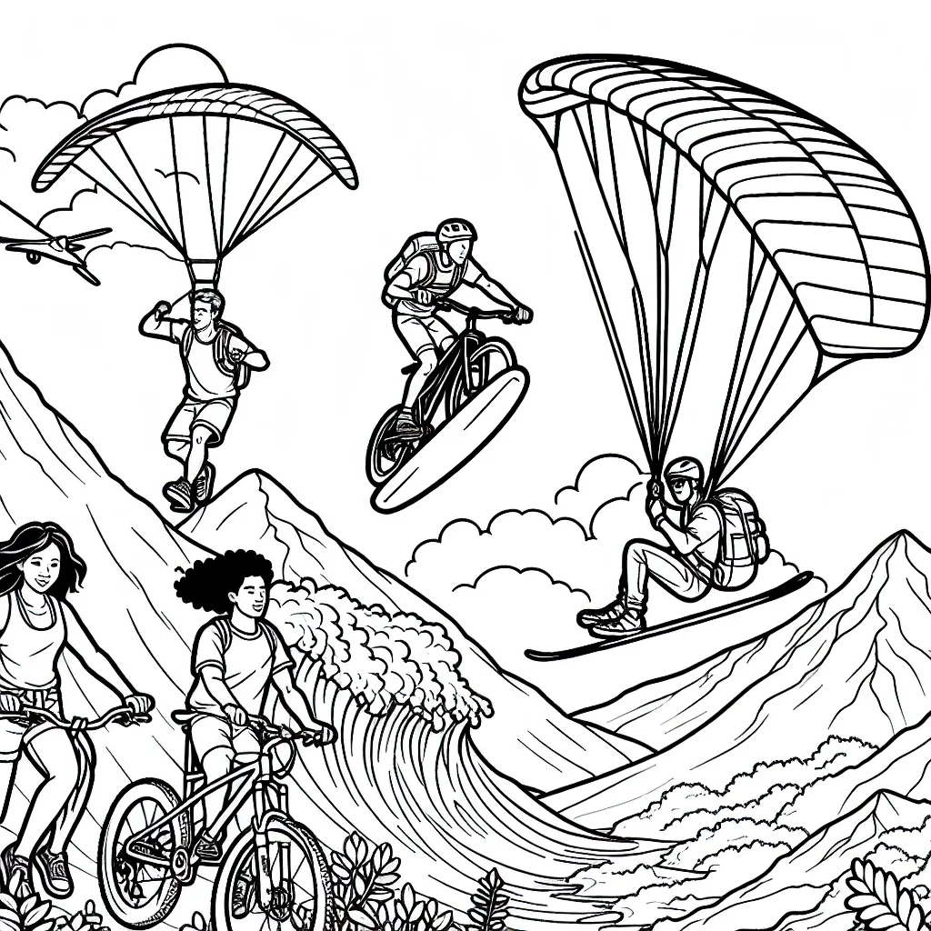 Les enfants doivent colorier un groupe d'amis faisant du sport extrême sur une montagne. Le dessin doit inclure quelqu'un sur un VTT, quelqu'un faisant du parapente, quelqu'un en train de grimper, et quelqu'un surfant sur une vague géante qui descends de la montagne.