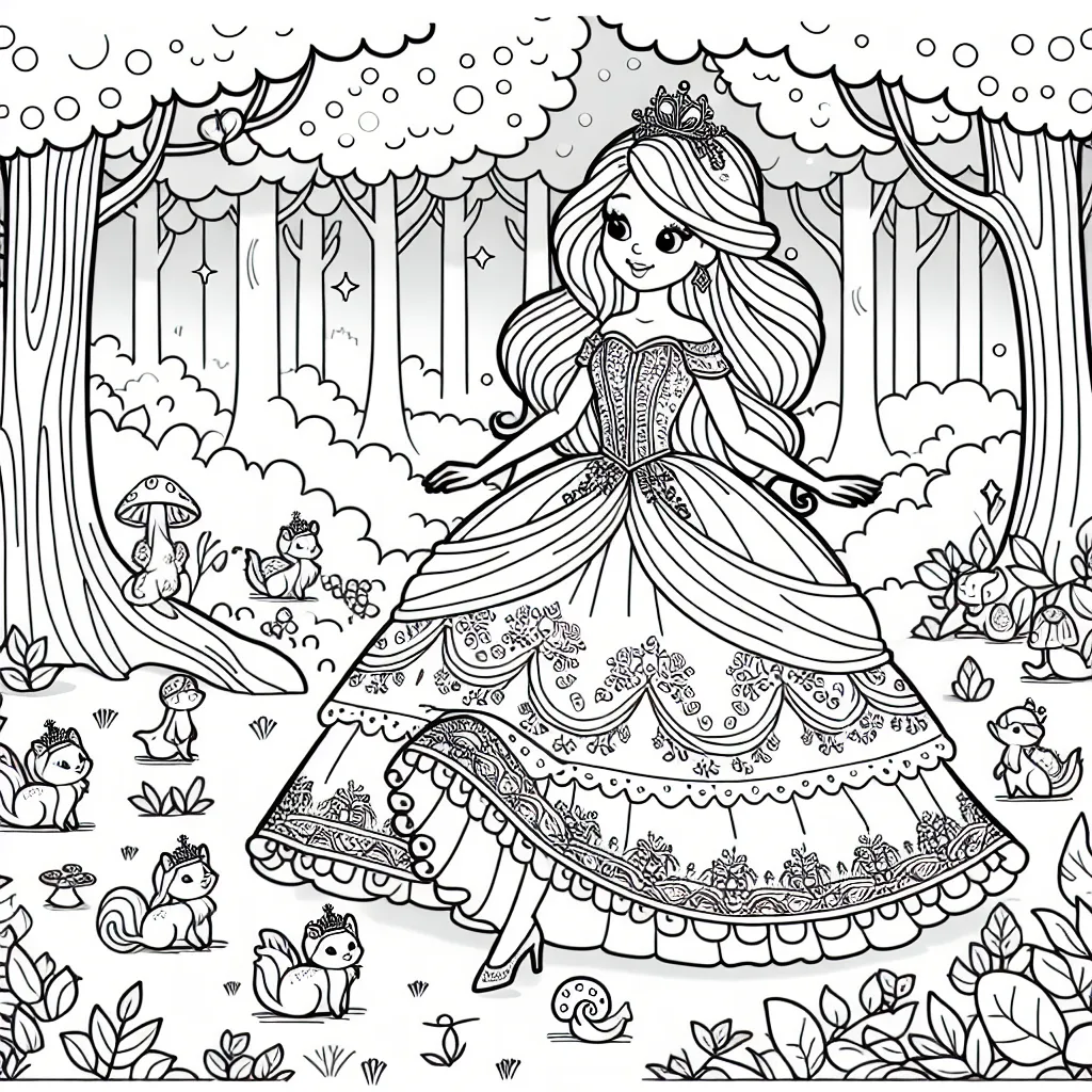 Sur cette page de coloriage, tu vas découvrir une belle princesse se promenant dans une forêt enchantée où vivent de petites créatures magiques. Elle porte une superbe robe qui ne demande qu'à être colorée selon tes envies. Lance-toi dans cette aventure et donne vie à ce monde féerique au gré de tes couleurs préférées.