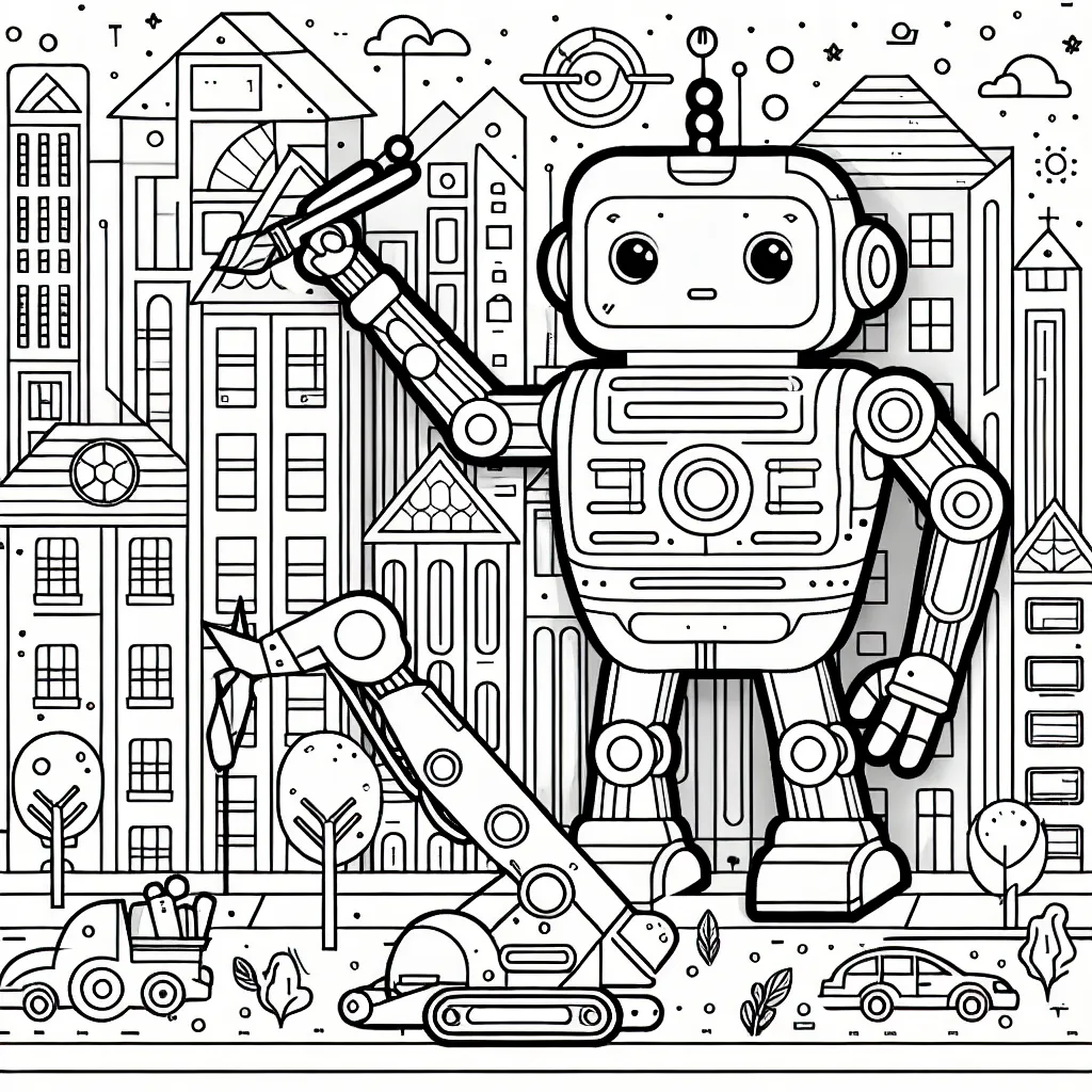 Dessine un robot géant qui aide avec des rénovations dans une ville imaginaire!