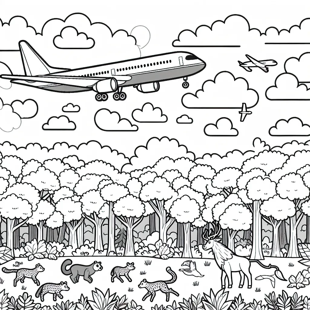 Dessine un avion de ligne passant au-dessus d'une forêt peuplée d'animaux sauvages, sous un ciel nuageux