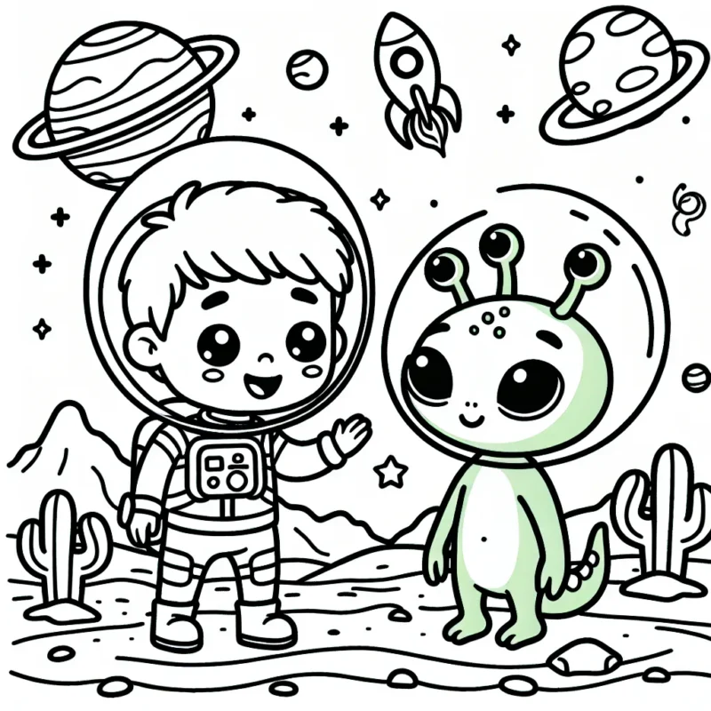 Sur une planète lointaine, découvrez un petit garçon astronaute explorateur qui rencontre un adorable extraterrestre vert. Eux seuls peuvent rendre cette scène vivante avec vos couleurs !