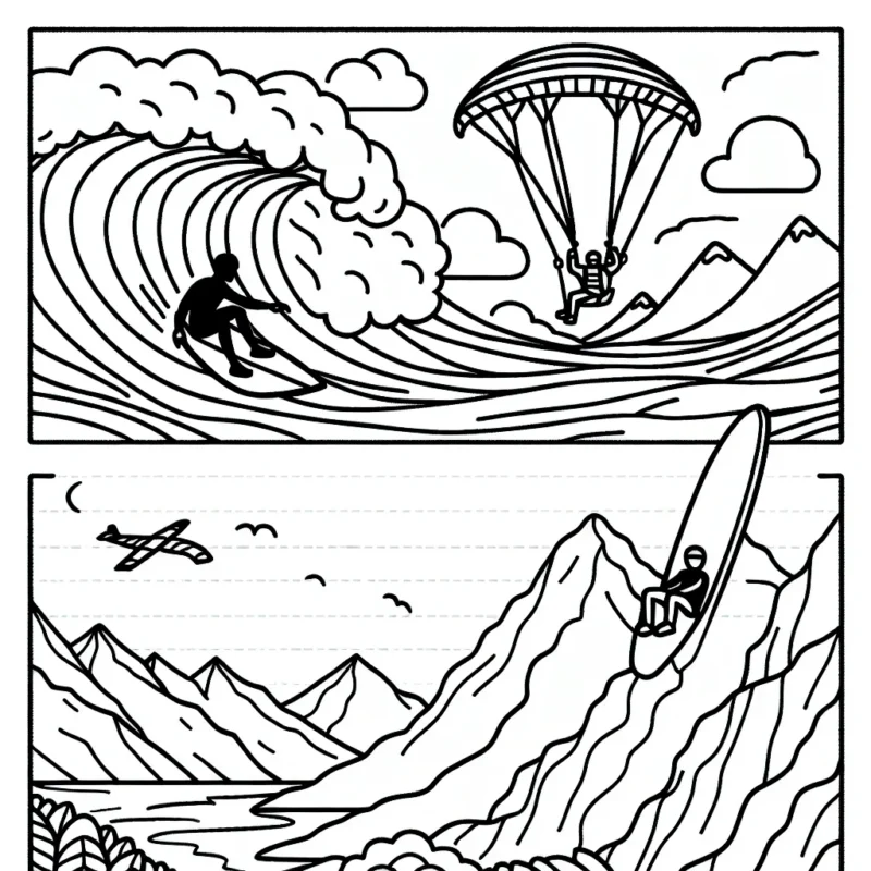 Dessine un surfeur montant un énorme vague, un parapentiste survolant les montagnes et un grimpeur escaladant un rocher abrupt.