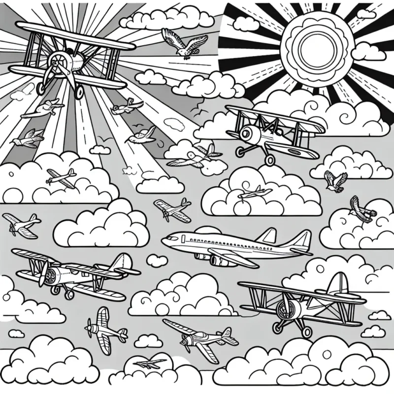 Dessine un ciel rempli d'avions de différentes tailles, formes et types, du biplan au jet supersonique. Assure-toi d'inclure un ciel magnifiquement coloré, avec des nuages et le soleil. Ajoute même quelques oiseaux volant avec les avions.