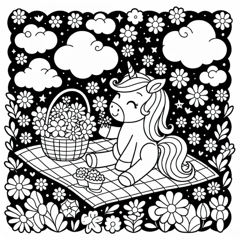 Imaginez une licorne espiègle profitant d'un pique-nique dans un champ de fleurs magiques.