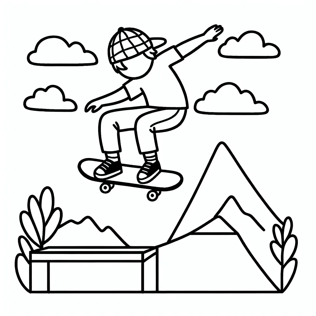 Dessine un skateur en plein saut au-dessus d'une rampe, avec un paysage montagneux en arrière-plan.