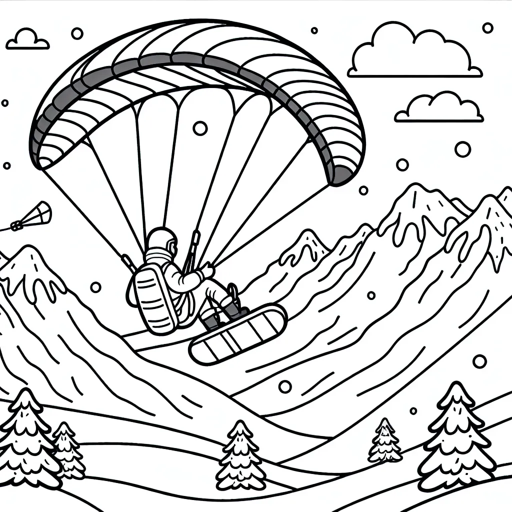 Dessine un parapentiste qui survole une chaîne de montagnes enneigées avec une planche de snowboard accrochée à son dos, prêt à descendre une piste abrupte.