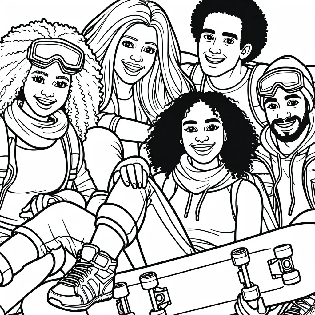 Un groupe d'amis aventuriers s'est réuni pour une journée excitante de sports extrêmes. Prêt à capturer leurs aventures pour tes crayons à colorier?