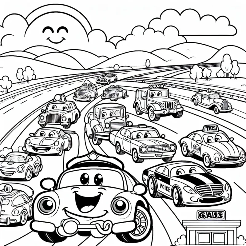 Un défilé animé de voitures de toutes formes et tailles souriantes sur une autoroute ensoleillée. Il y a une variété de voitures, y compris des voitures de course, des voitures anciennes, des taxis, des voitures de police et des camions de pompiers. Toutes sont placées contre une toile de fond de collines ondulantes et d'un ciel clair parsemé de nuages. En bas à droite, il y a une station-service.