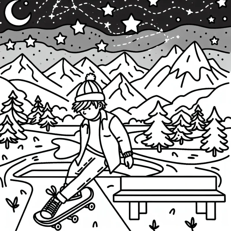 Dessine un skateboarder en action dans un magnifique parc de skate, des montagnes en arrière-plan et un ciel étoilé au-dessus.